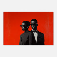 Elegant Black couple depicted in vibrant canvas art, showcasing love and connection; a stunning piece of African American wall art.