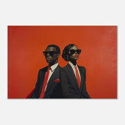 Elegant black couple against a red background, striking african american wall art for a bold interior statement.