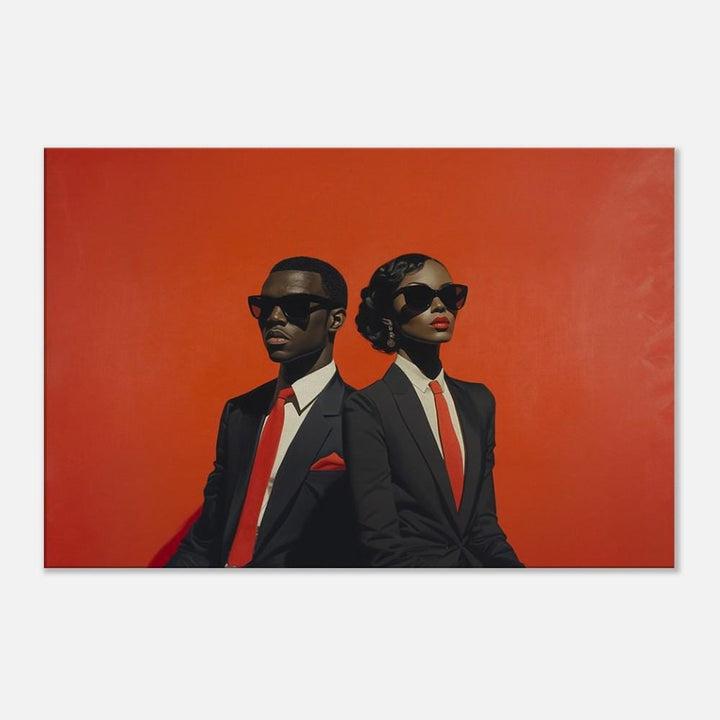 Elegant black couple against a red background, striking african american wall art for a bold interior statement.