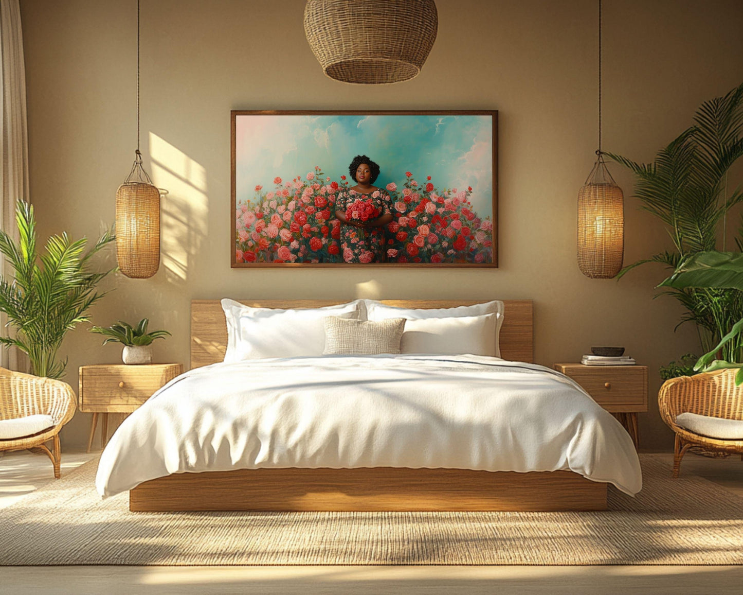 Confident Black Woman with Roses - Unframed Canvas Wall Art for Bedroom or Living Room Gift