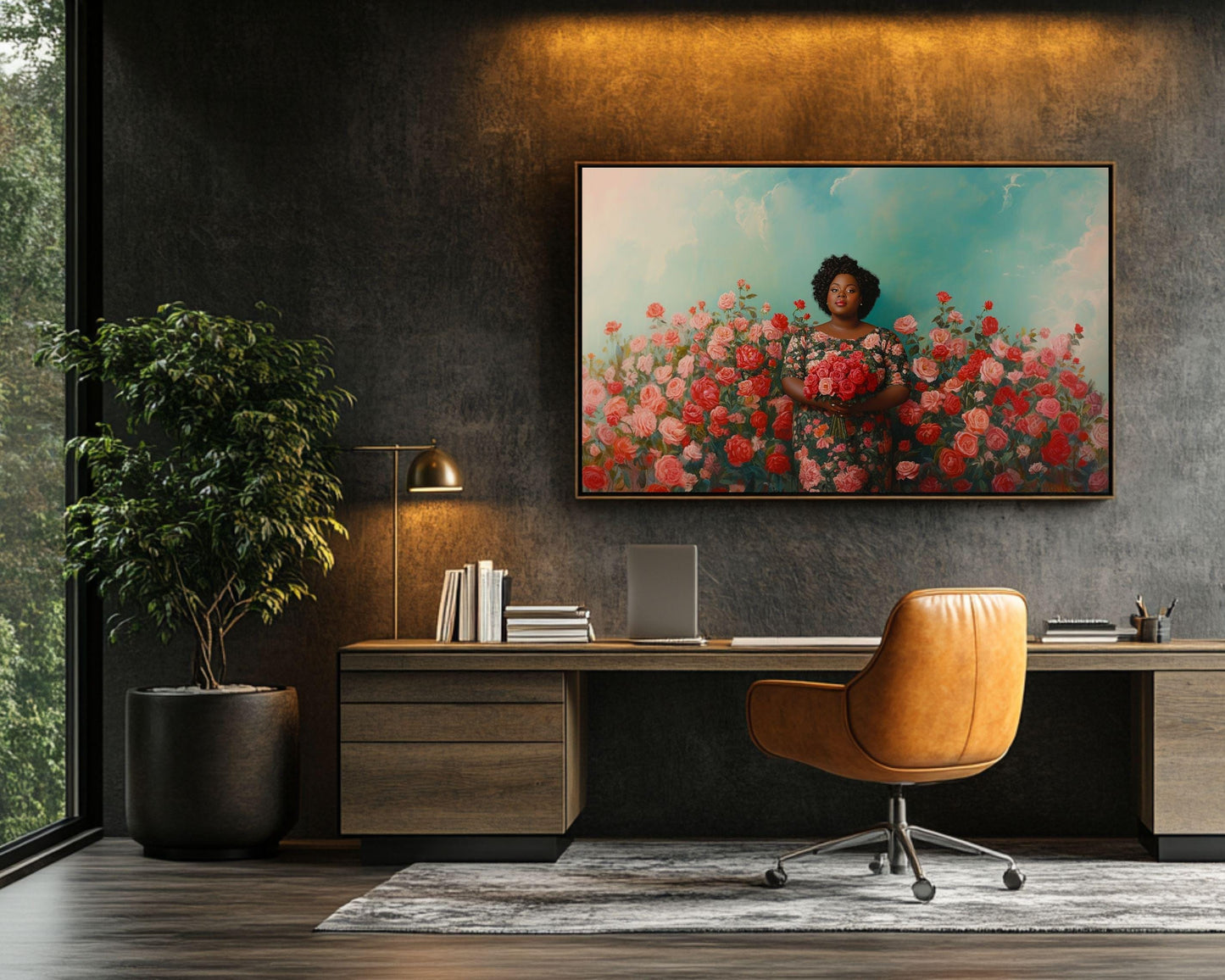 Confident Black Woman with Roses - Unframed Canvas Wall Art for Bedroom or Living Room Gift