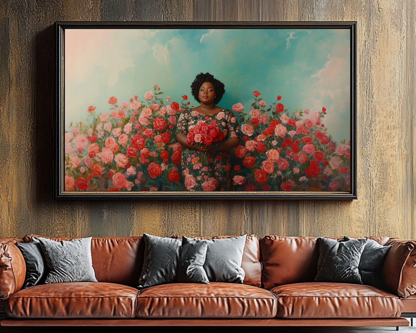 Confident Black Woman with Roses - Unframed Canvas Wall Art for Bedroom or Living Room Gift