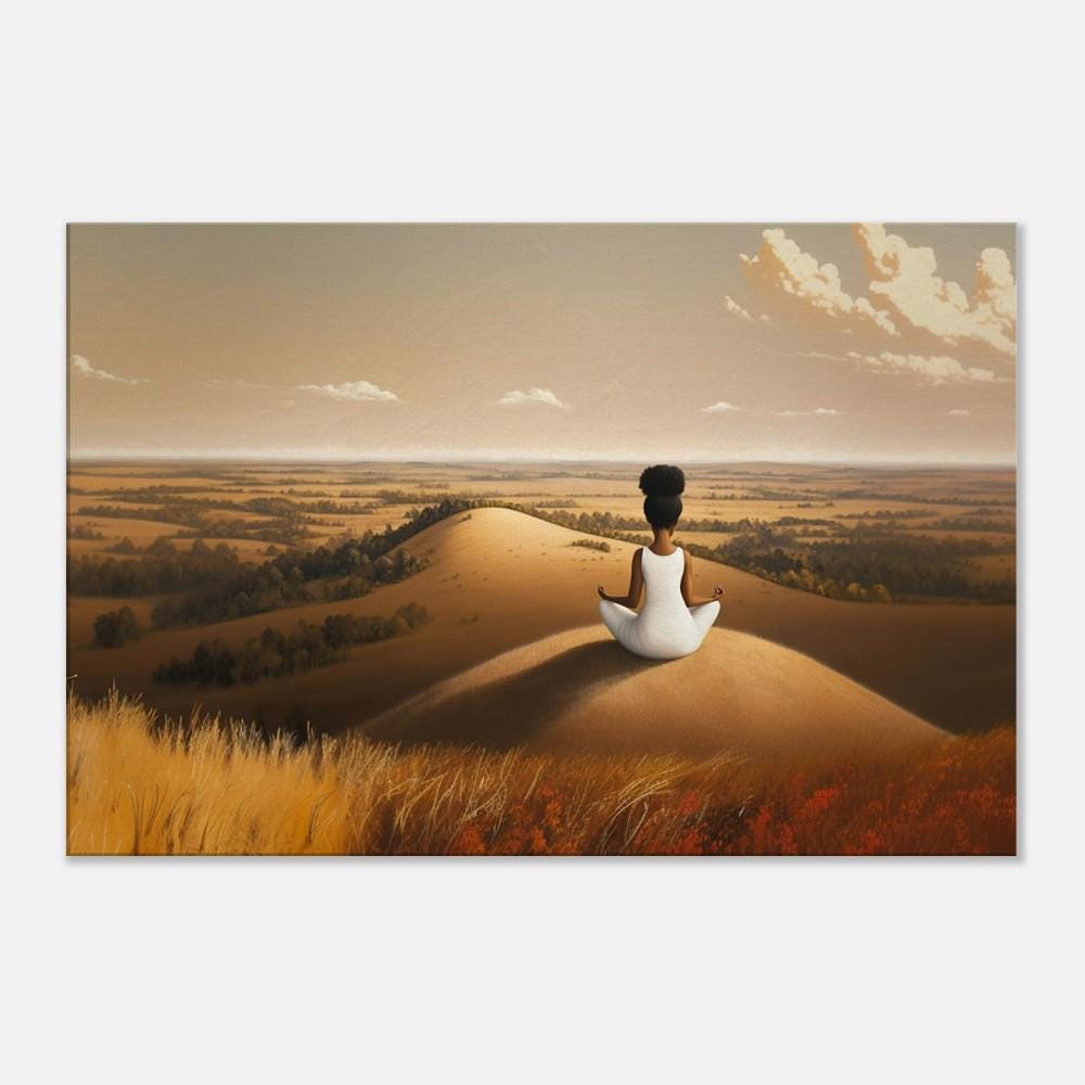 Peaceful Black Woman Meditation Canvas Art - Landscape Wall Decor for Living Room or Bedroom - Inspirational Gift Idea