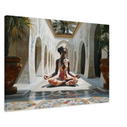 Regal Black woman meditating, stunning canvas art showcasing African American wall art elegance and tranquility.