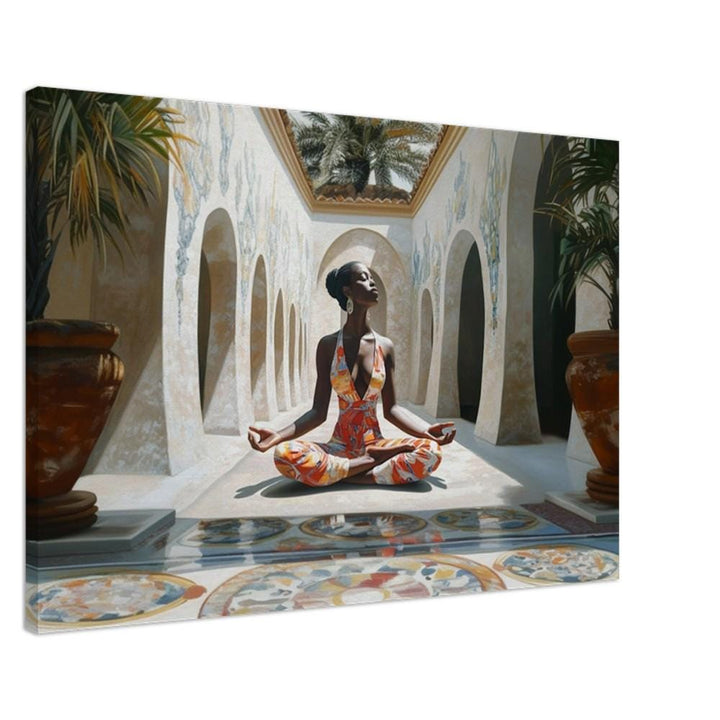 Regal Black woman meditating, stunning canvas art showcasing African American wall art elegance and tranquility.