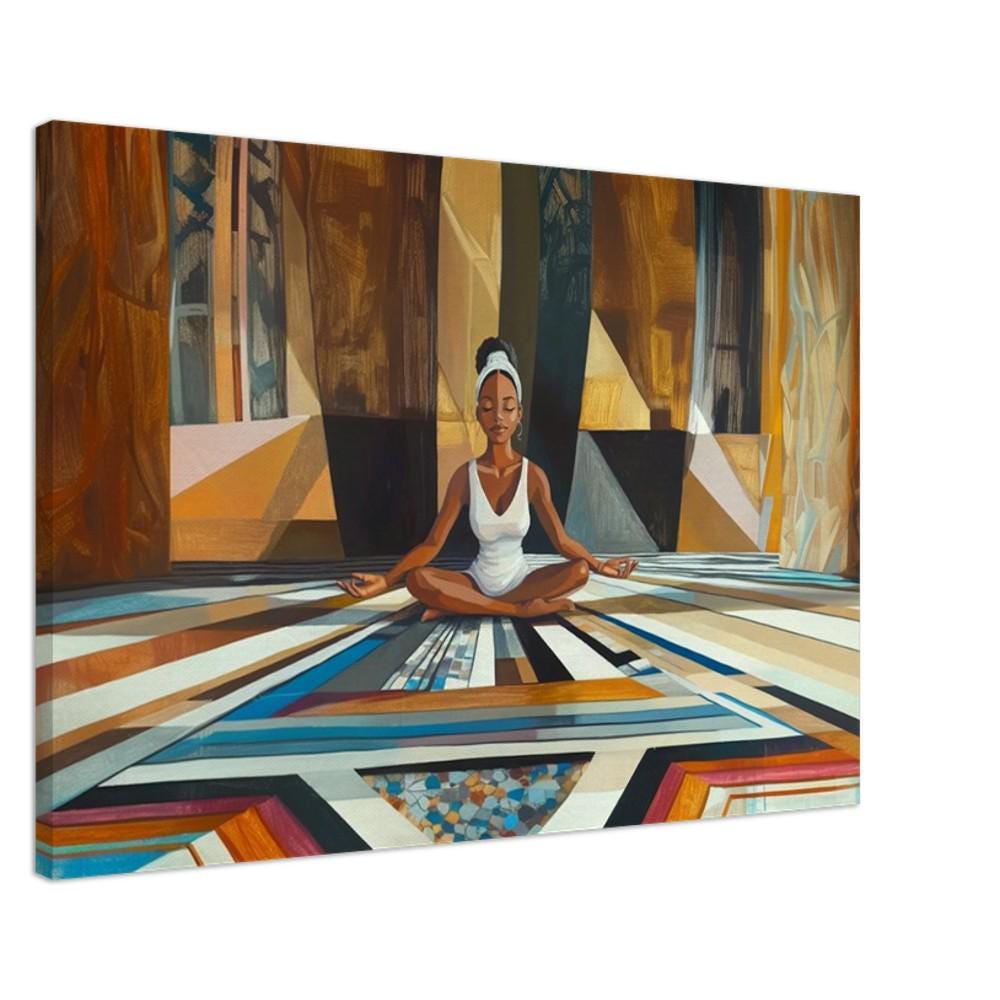 Meditative Black Woman African American abstract wall art featuring a serene figure surrounded by vibrant colors.