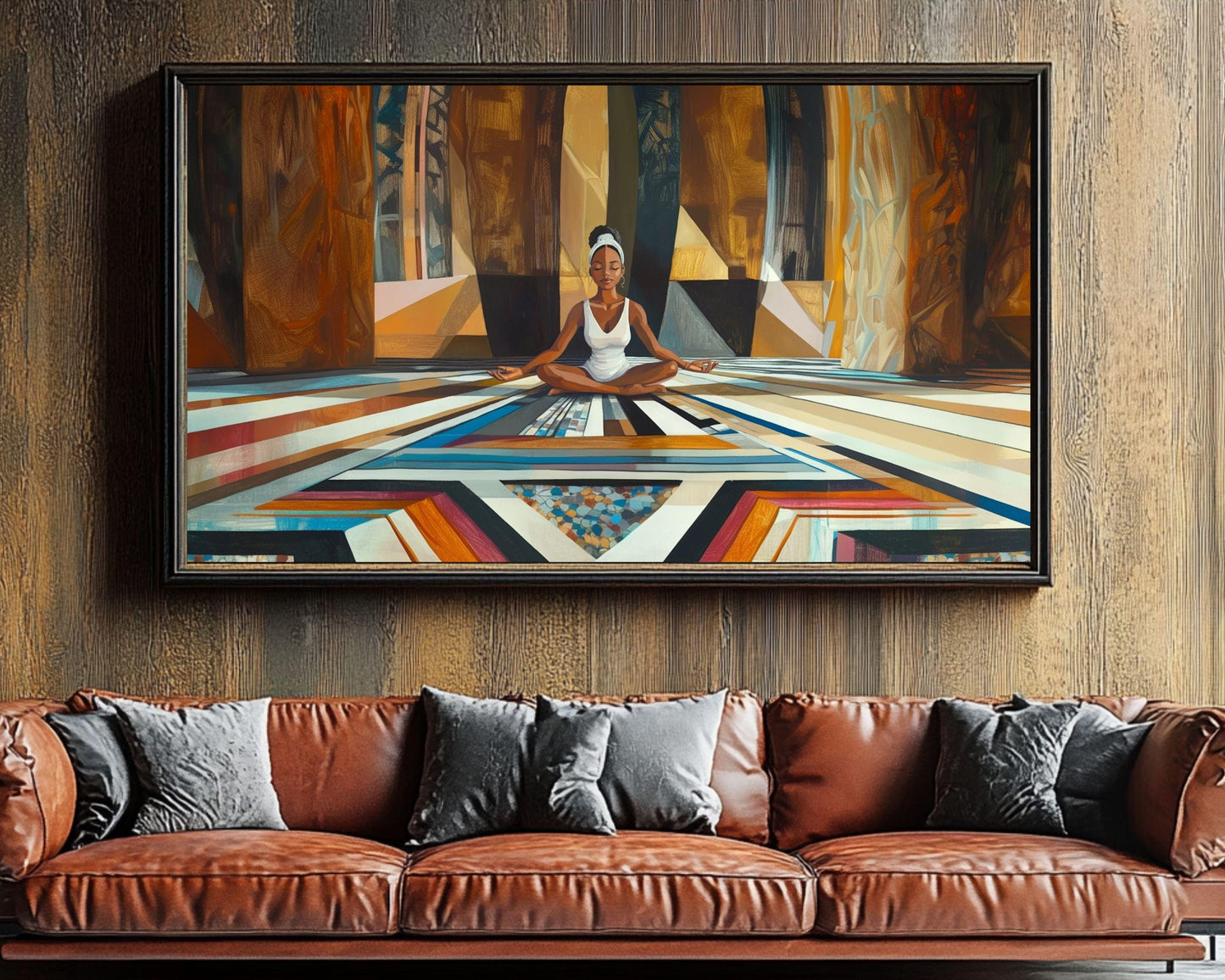 Modern Black Woman Meditation Canvas Art - Geometric Wall Decor for Living Room, Office, or Yoga Studio - Empowering Gift Idea