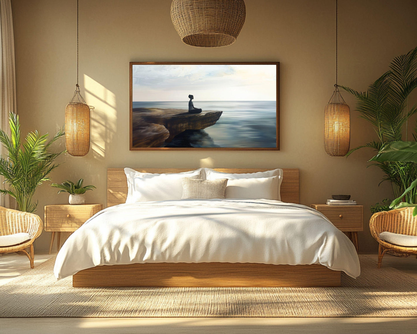 Serene Black Woman Meditation Canvas Art - Ocean View Wall Decor for Bedroom or Office - Peaceful Gift Idea