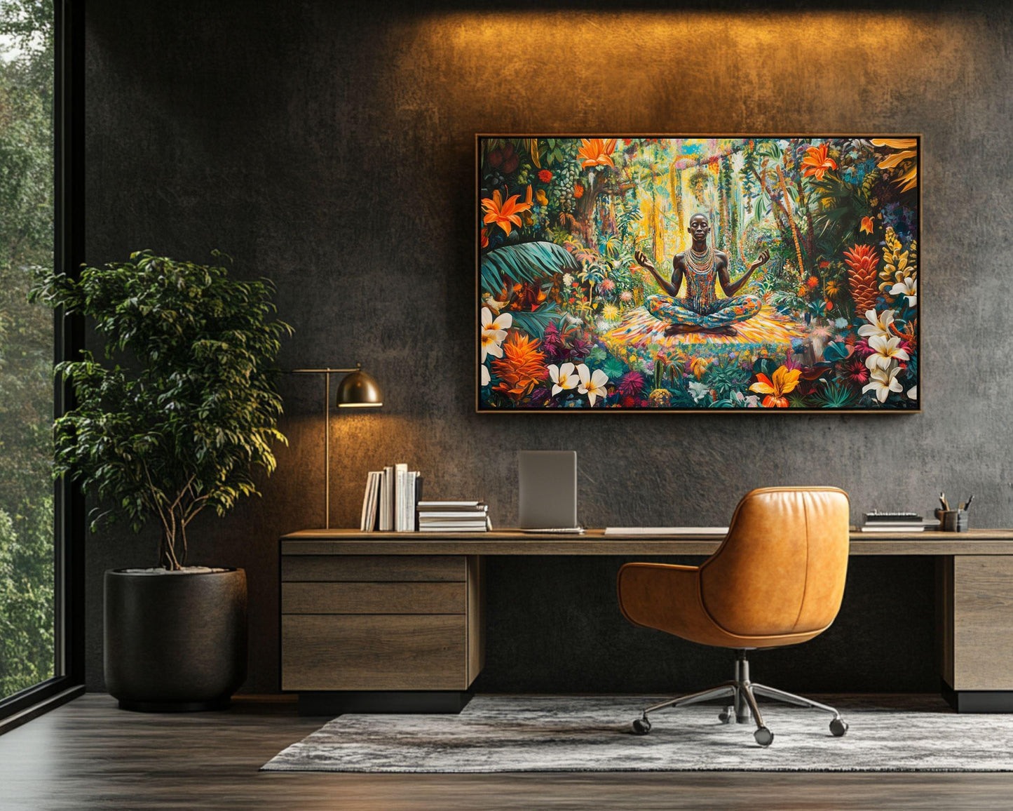 Vibrant Black Man Meditation Canvas Art - Tropical Jungle Wall Decor for Living Room or Yoga Studio - Spiritual Gift Idea