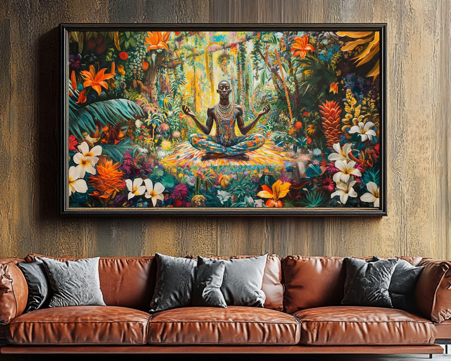 Vibrant Black Man Meditation Canvas Art - Tropical Jungle Wall Decor for Living Room or Yoga Studio - Spiritual Gift Idea