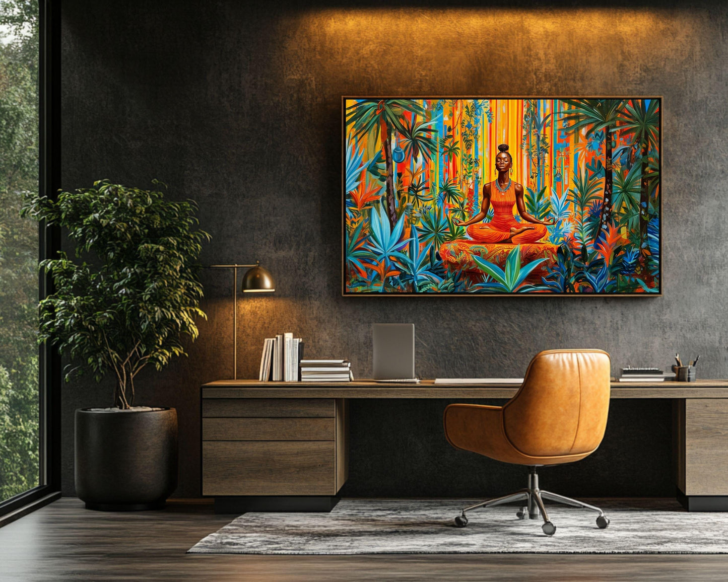 Vibrant Black Woman Meditation Canvas Art - Jungle Wall Decor for Yoga Room or Living Room - Spiritual Gift Idea