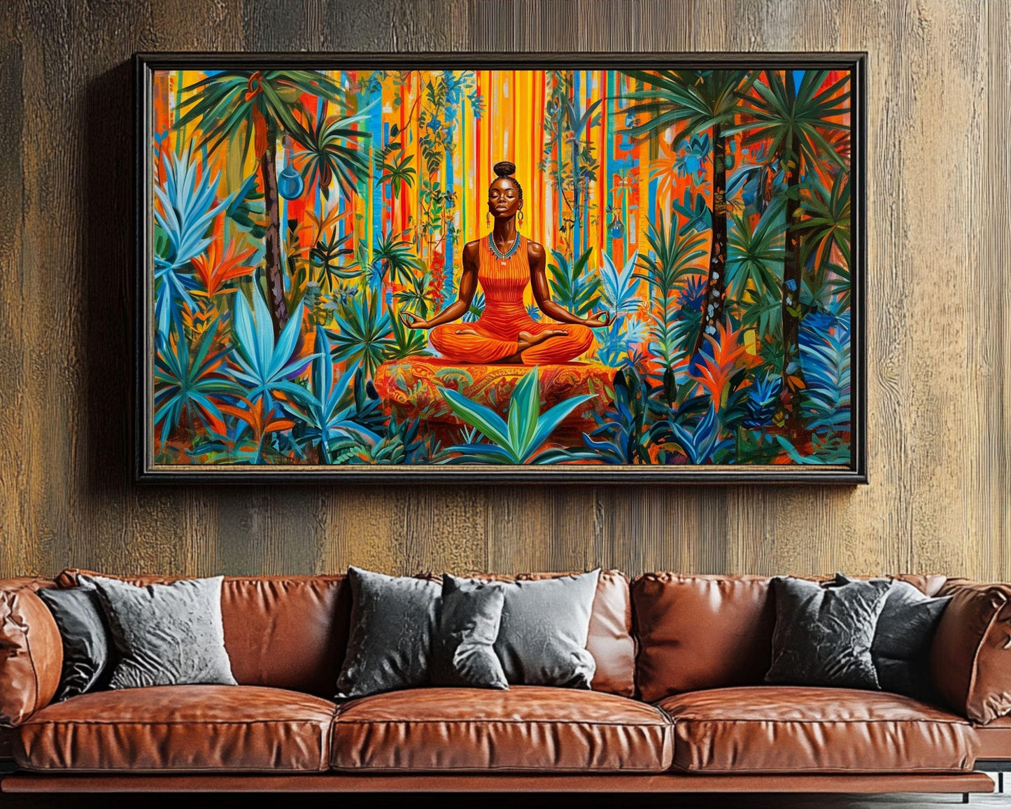 Vibrant Black Woman Meditation Canvas Art - Jungle Wall Decor for Yoga Room or Living Room - Spiritual Gift Idea