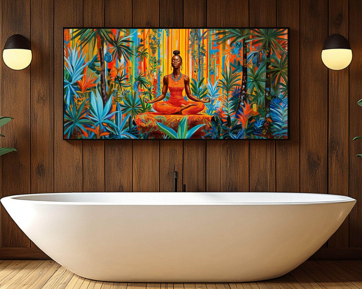 Vibrant Black Woman Meditation Canvas Art - Jungle Wall Decor for Yoga Room or Living Room - Spiritual Gift Idea