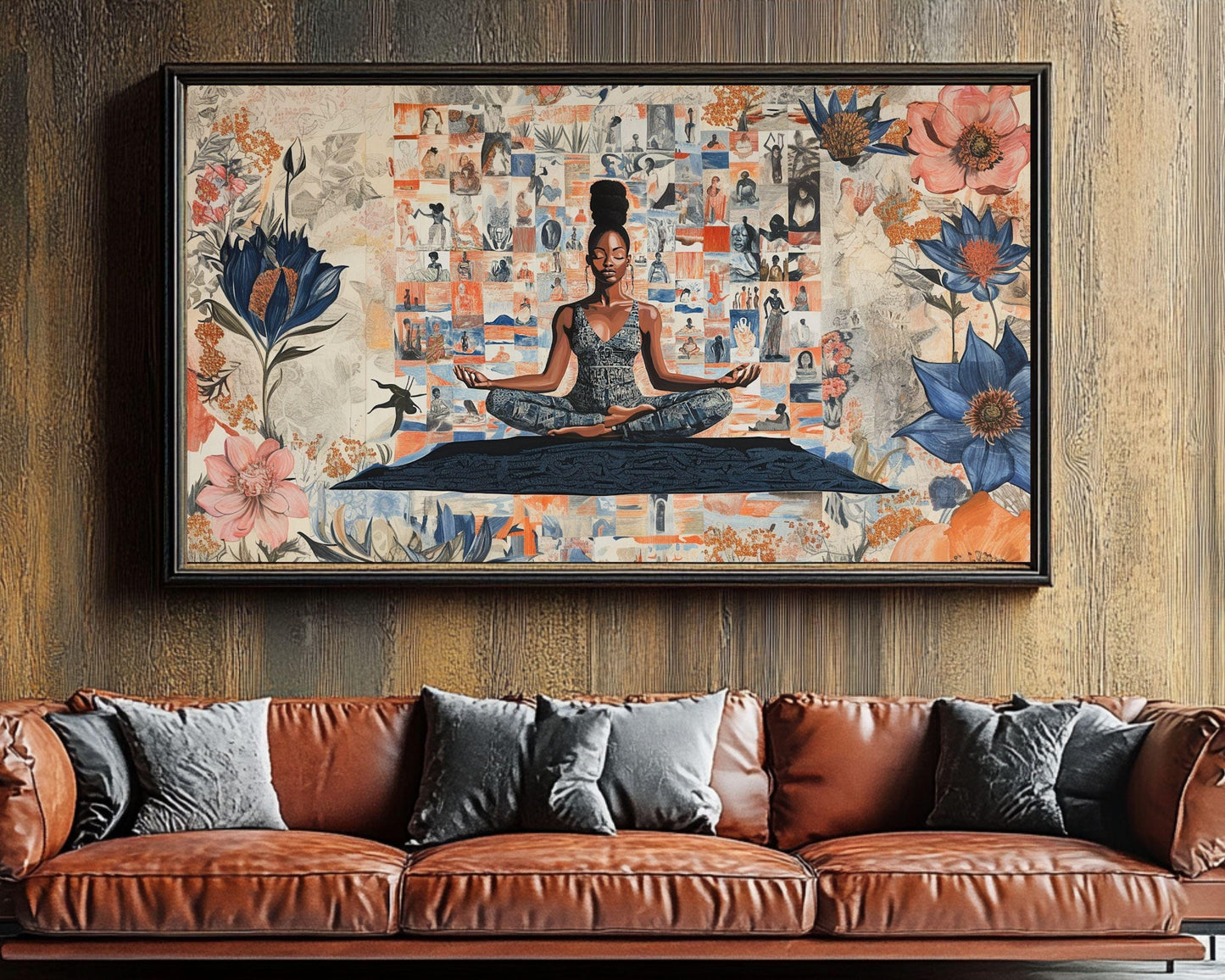 Black Woman Meditation Canvas Art - Floral Collage Wall Decor for Living Room or Office - Inspirational Gift Idea