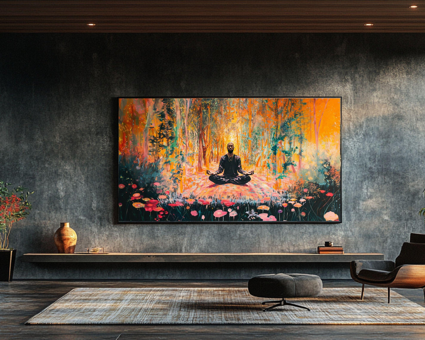 Black Man Meditation Canvas Art - Forest Floral Wall Decor for Living Room or Yoga Room - Peaceful Gift Idea