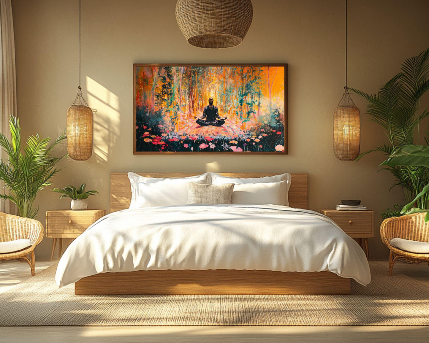 Black Man Meditation Canvas Art - Forest Floral Wall Decor for Living Room or Yoga Room - Peaceful Gift Idea