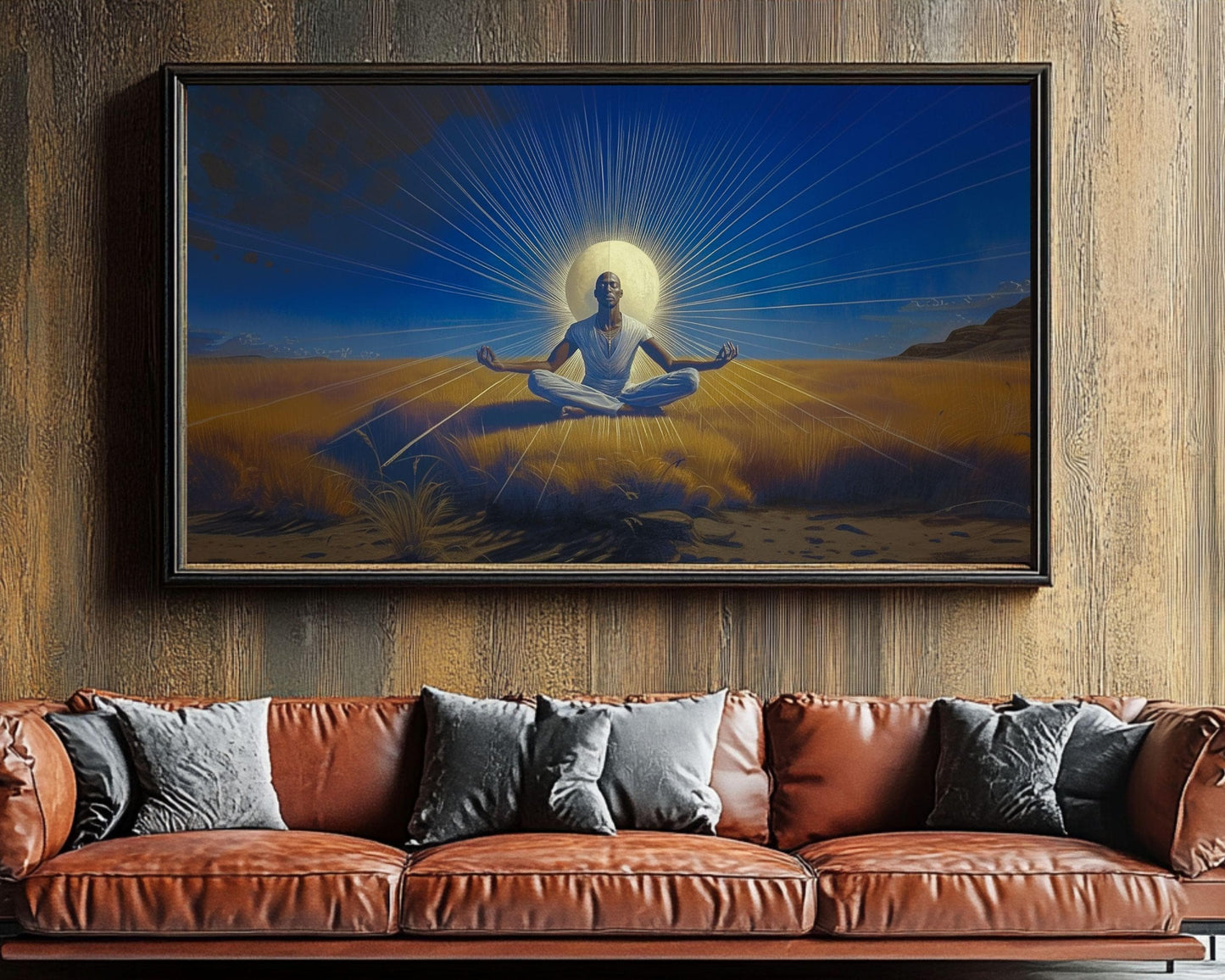 Spiritual Black Man Meditation Canvas Art - Moonlit Wall Decor for Living Room or Yoga Room - Peaceful Gift Idea