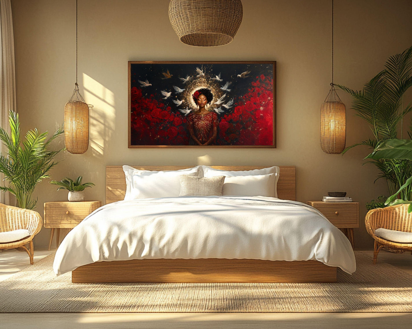 Divine Black Goddess Art | Harmonia Rosales Inspired Woman with Halo Canvas | Dove and Rose Wall Decor | Cultural Spiritual Home Art