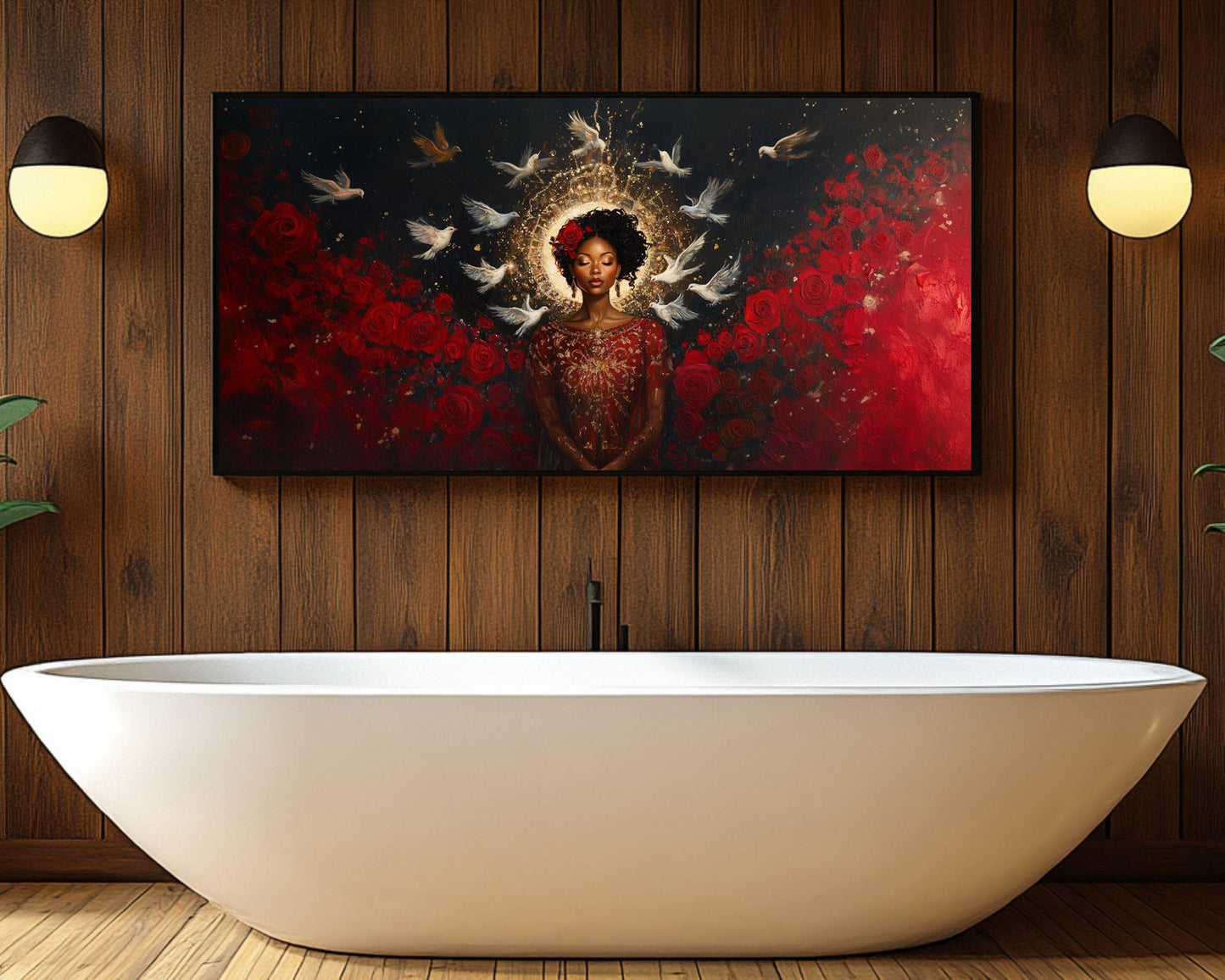 Divine Black Goddess Art | Harmonia Rosales Inspired Woman with Halo Canvas | Dove and Rose Wall Decor | Cultural Spiritual Home Art