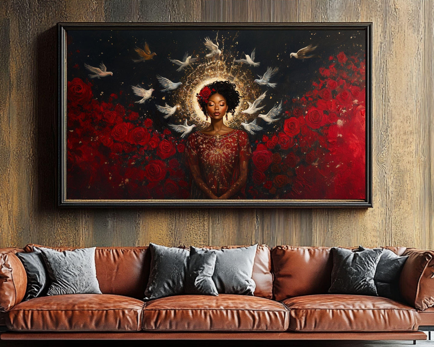 Divine Black Goddess Art | Harmonia Rosales Inspired Woman with Halo Canvas | Dove and Rose Wall Decor | Cultural Spiritual Home Art