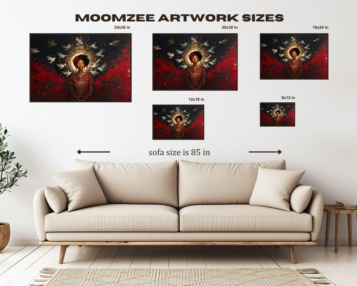 Divine Black Goddess Art | Harmonia Rosales Inspired Woman with Halo Canvas | Dove and Rose Wall Decor | Cultural Spiritual Home Art