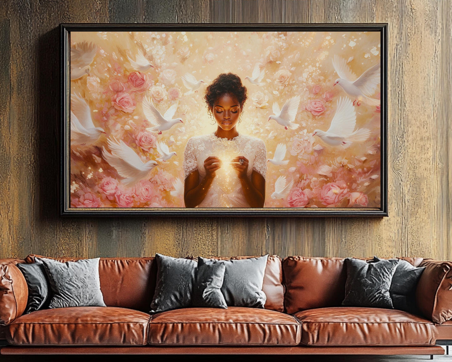 Ethereal Black Goddess Art | Harmonia Rosales Inspired Dove and Light Canvas | Spiritual Floral Wall Decor | Elegant Cultural Home Art