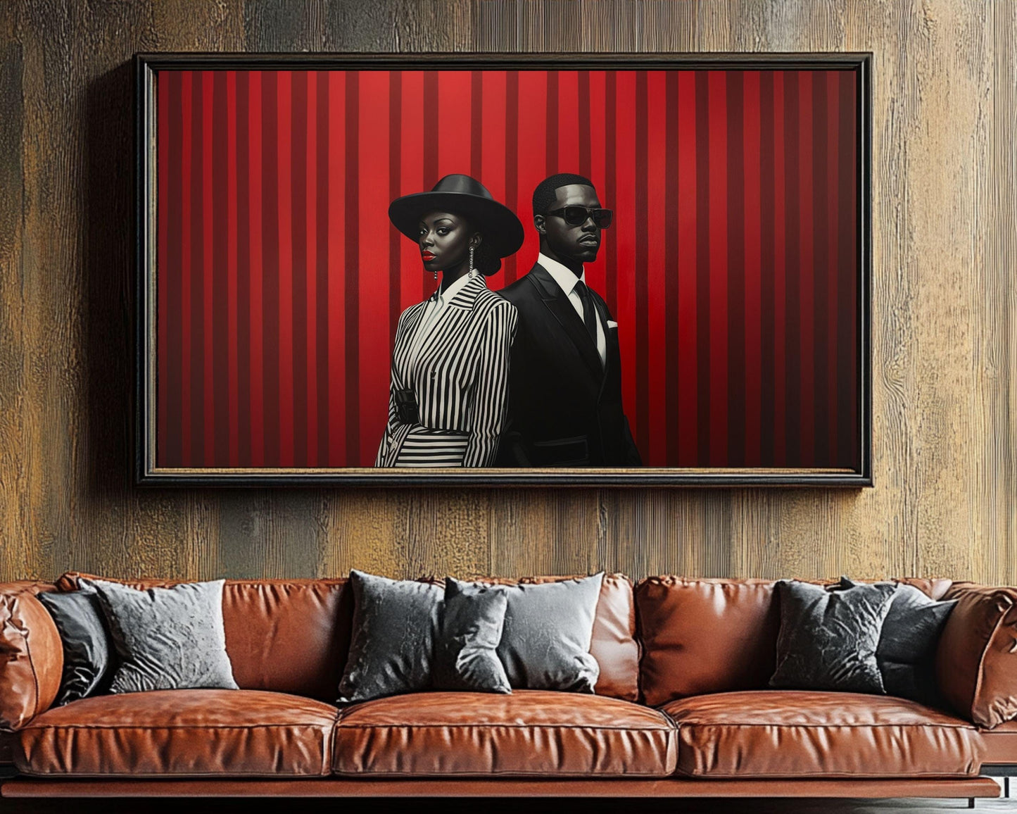 Black Couple in Striped Elegance Canvas | Barkley L. Hendricks Inspired Bold Red and Black Art | Modern Sophisticated Wall Art