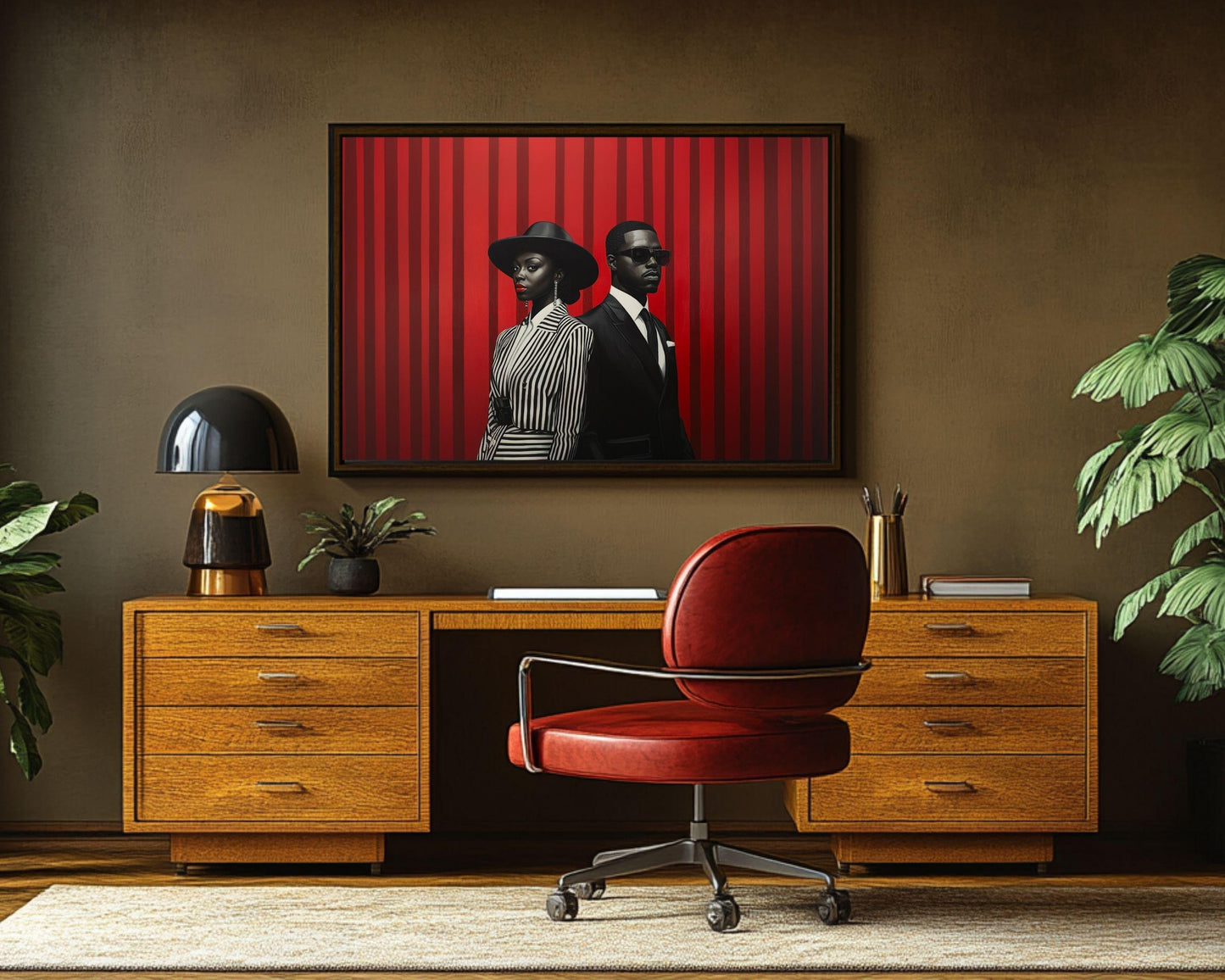 Black Couple in Striped Elegance Canvas | Barkley L. Hendricks Inspired Bold Red and Black Art | Modern Sophisticated Wall Art