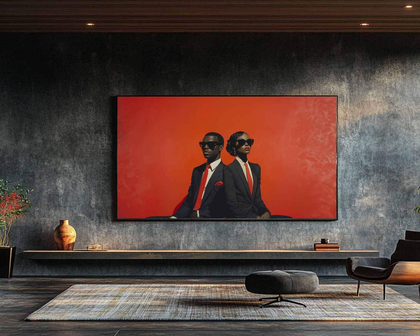 Black Excellence Wall Art | Barkley L. Hendricks Inspired Bold Red Canvas | Stylish Couple in Formal Suits