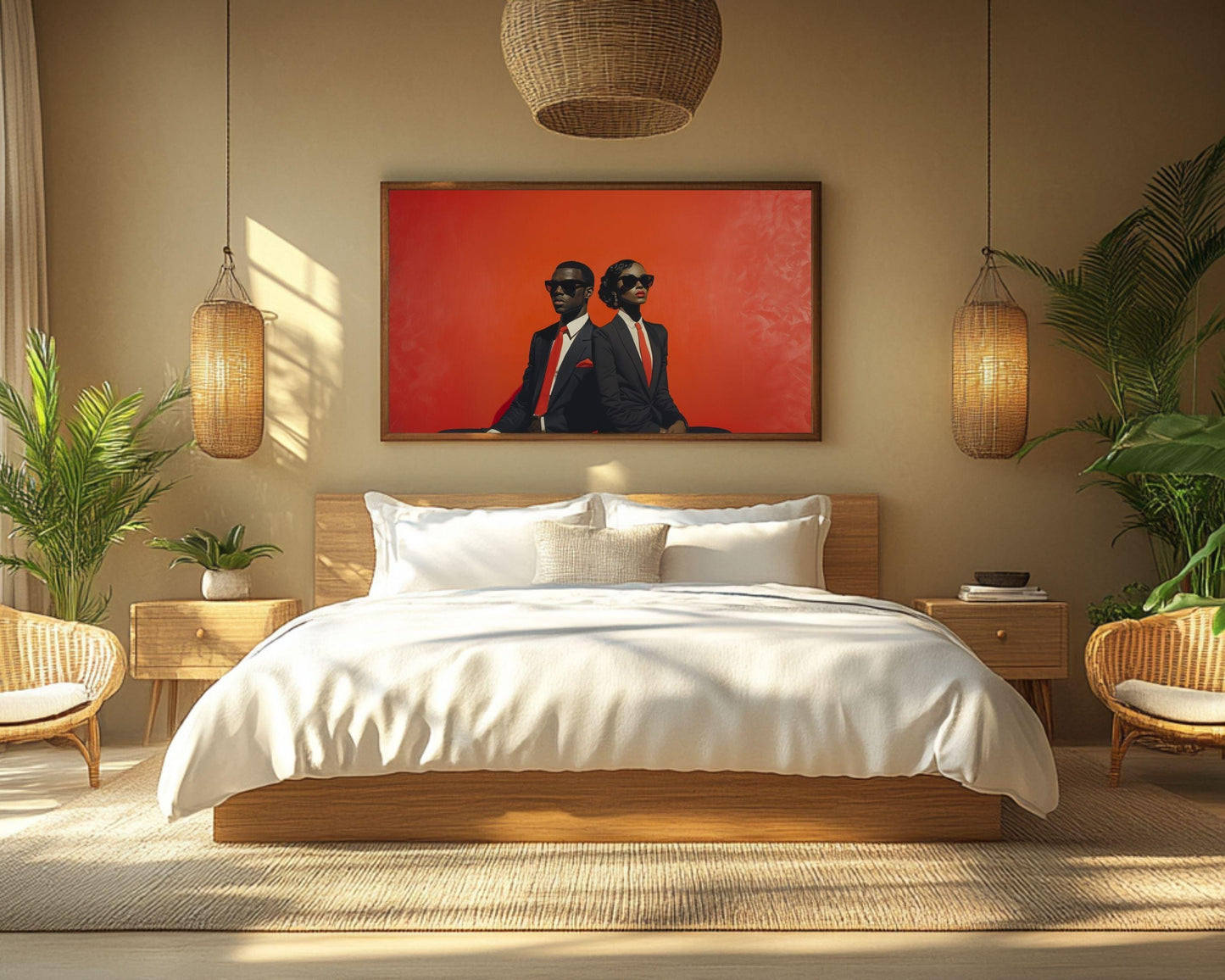 Black Excellence Wall Art | Barkley L. Hendricks Inspired Bold Red Canvas | Stylish Couple in Formal Suits