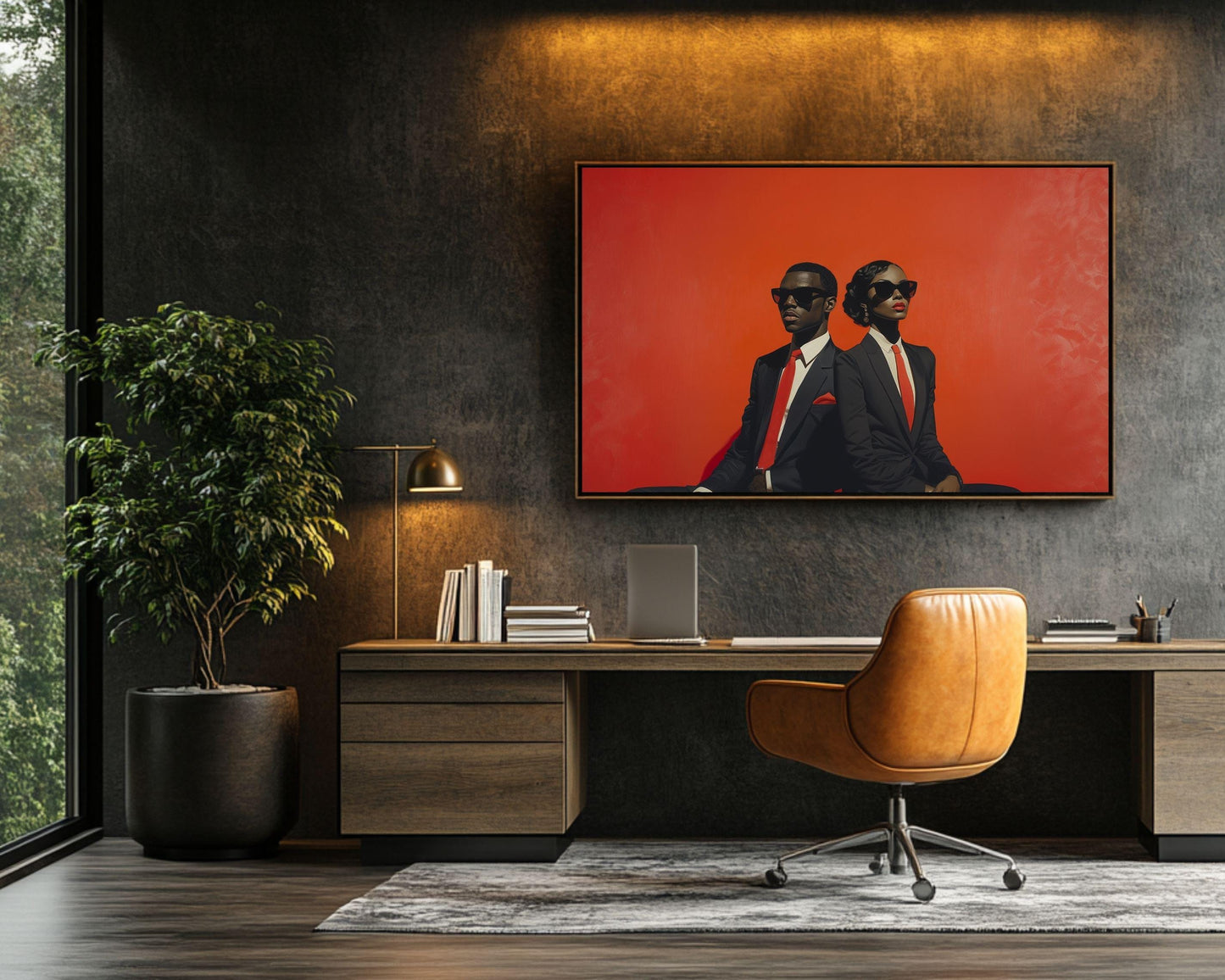 Black Excellence Wall Art | Barkley L. Hendricks Inspired Bold Red Canvas | Stylish Couple in Formal Suits