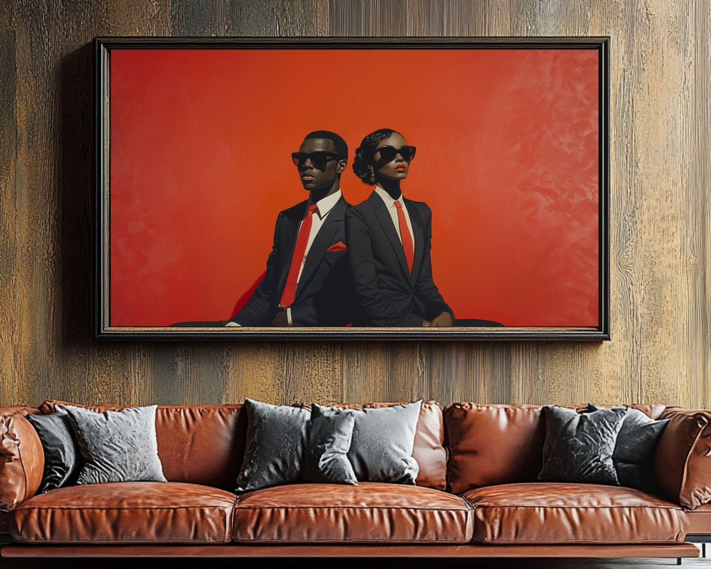 Black Excellence Wall Art | Barkley L. Hendricks Inspired Bold Red Canvas | Stylish Couple in Formal Suits