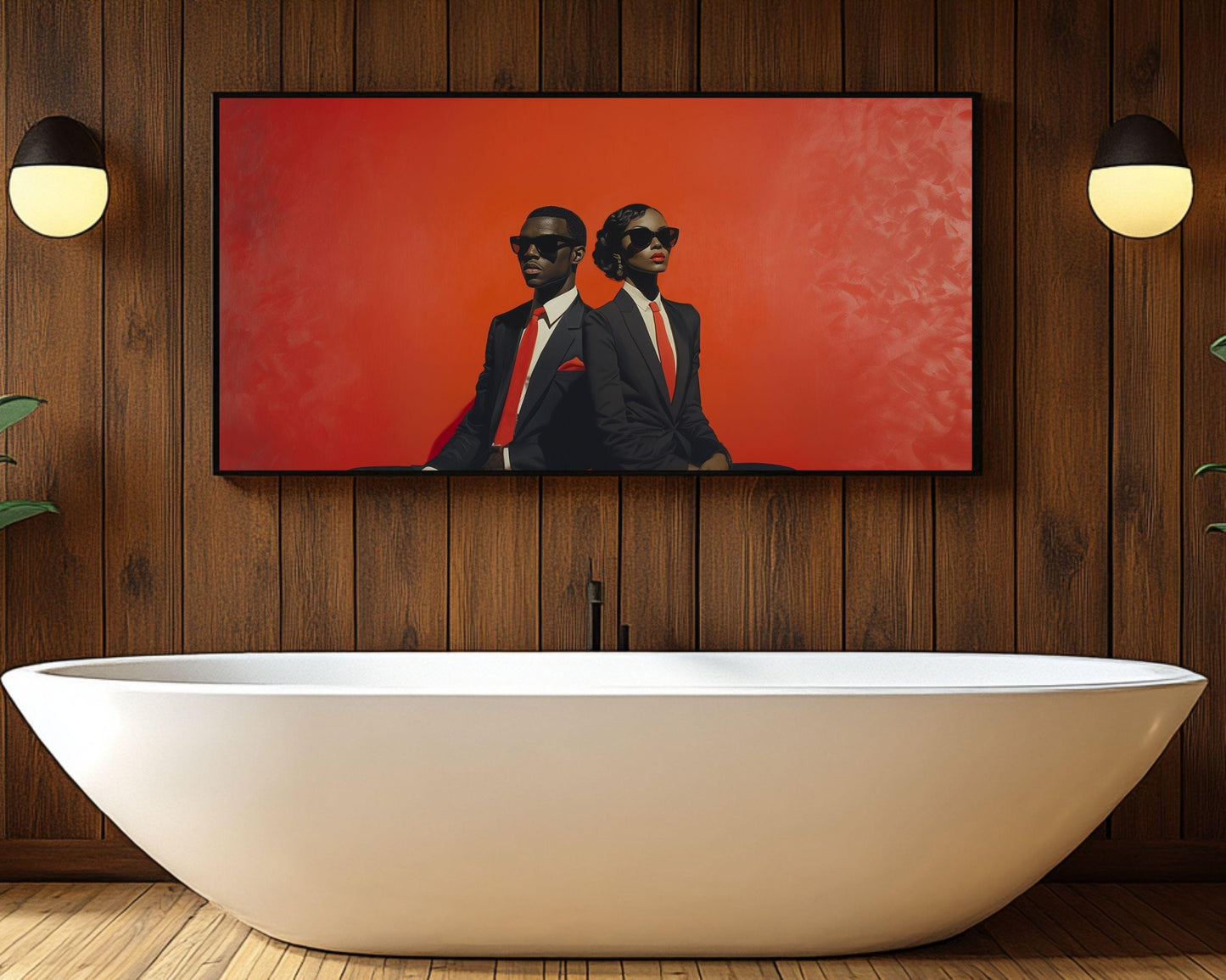 Black Excellence Wall Art | Barkley L. Hendricks Inspired Bold Red Canvas | Stylish Couple in Formal Suits