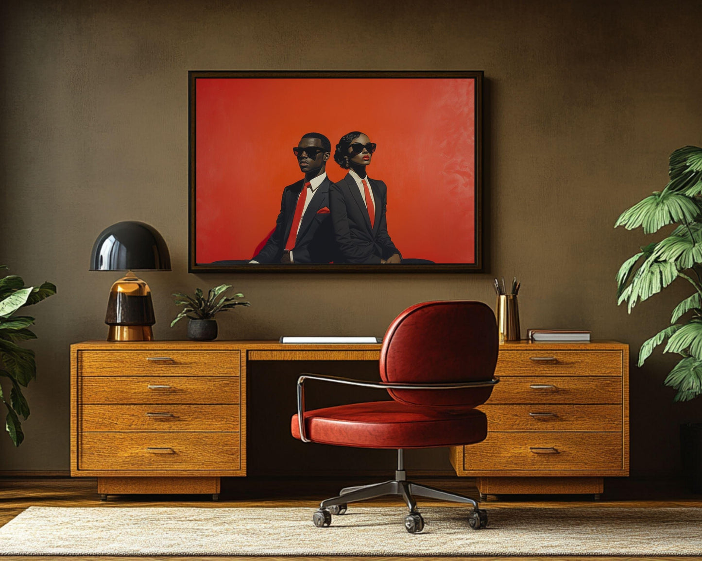 Black Excellence Wall Art | Barkley L. Hendricks Inspired Bold Red Canvas | Stylish Couple in Formal Suits