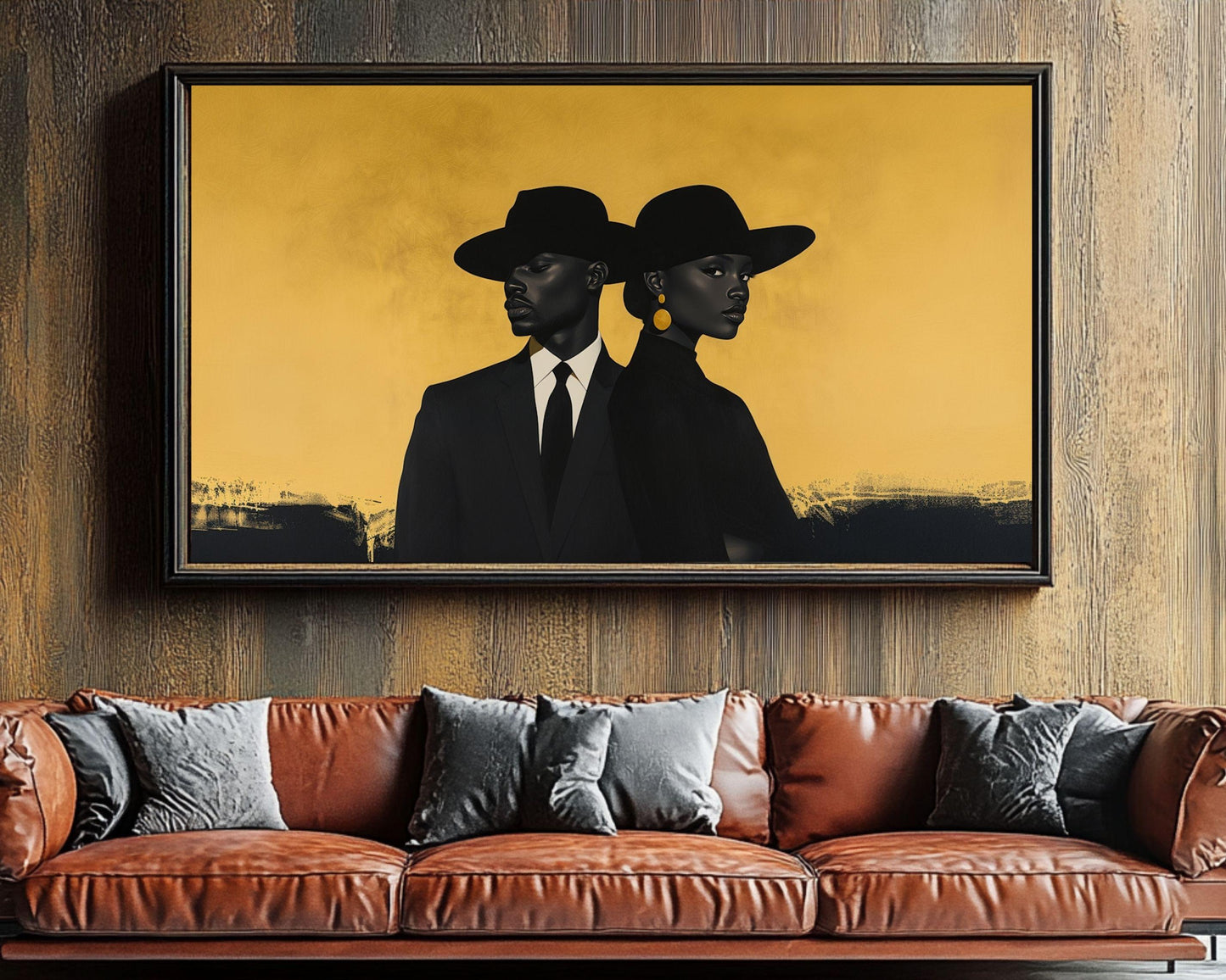 Modern Black Couple in Gold Wall Art | Barkley L. Hendricks Inspired Painting | Bold Statement Canvas for Home Decor