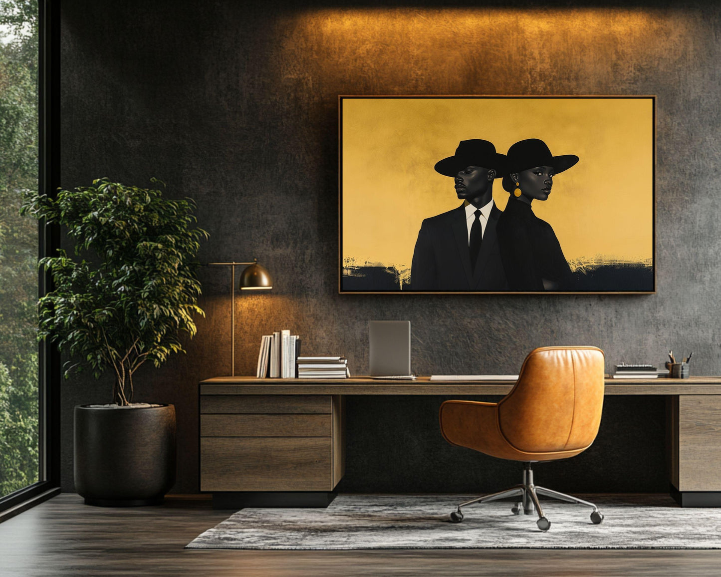 Modern Black Couple in Gold Wall Art | Barkley L. Hendricks Inspired Painting | Bold Statement Canvas for Home Decor