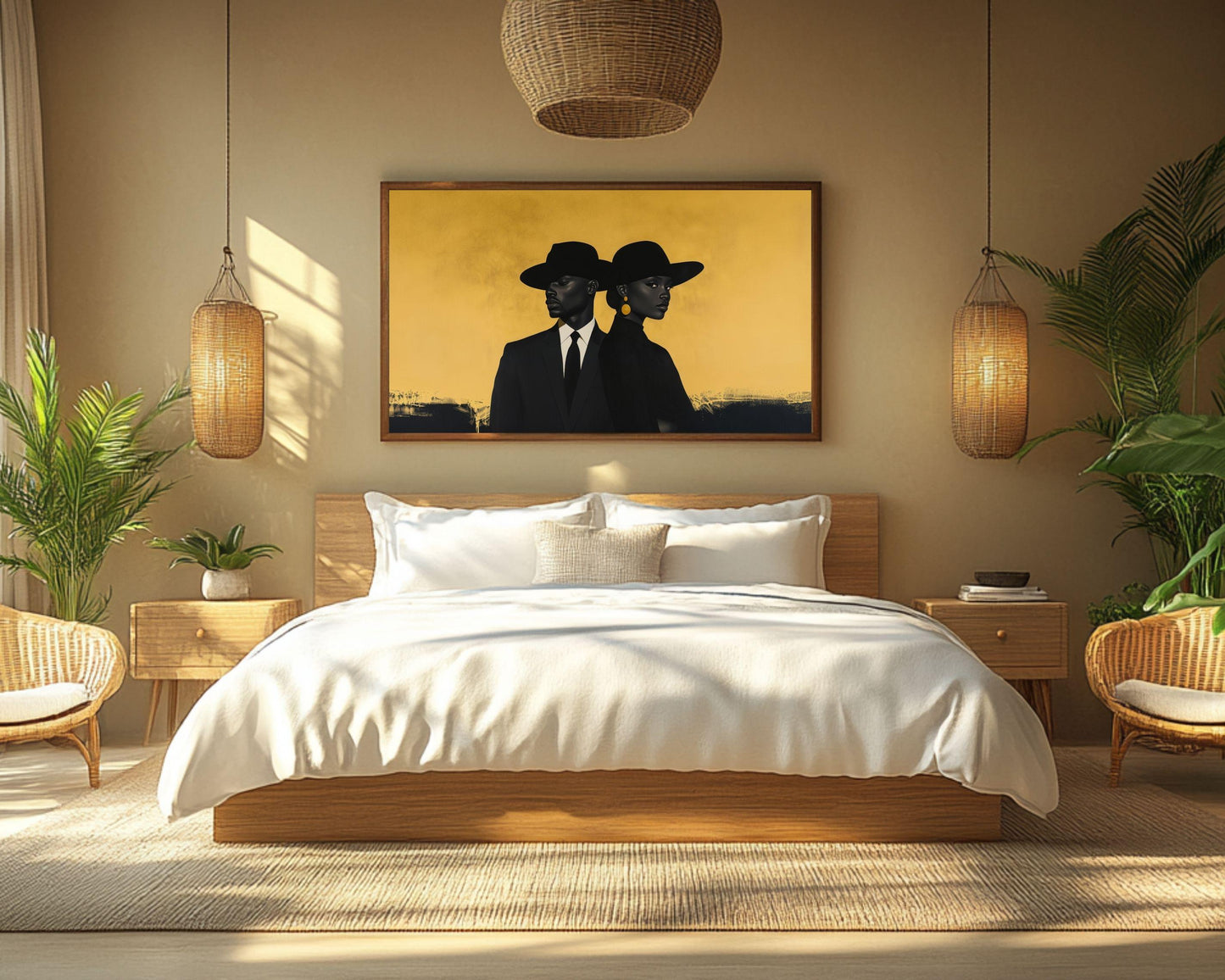 Modern Black Couple in Gold Wall Art | Barkley L. Hendricks Inspired Painting | Bold Statement Canvas for Home Decor