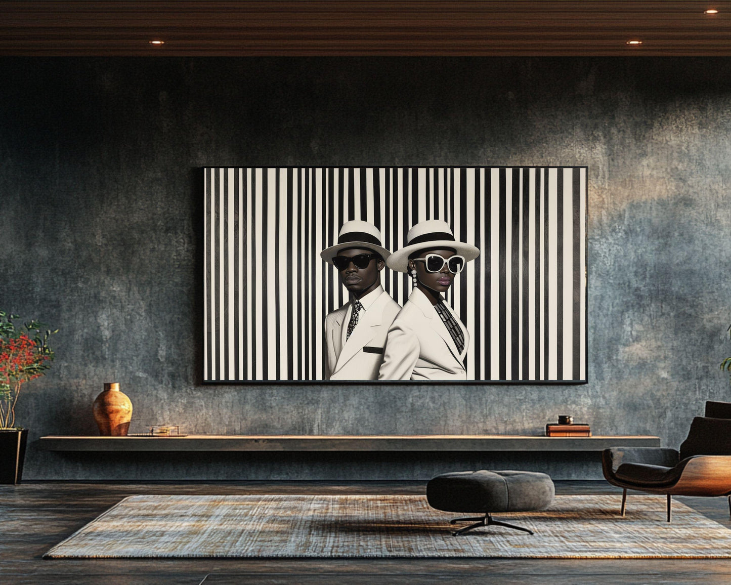 Elegant Black Couple in Striped Suits | Barkley L. Hendricks Inspired Art | Black and White Wall Canvas | Modern Home Decor