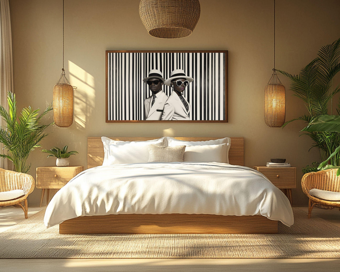 Elegant Black Couple in Striped Suits | Barkley L. Hendricks Inspired Art | Black and White Wall Canvas | Modern Home Decor