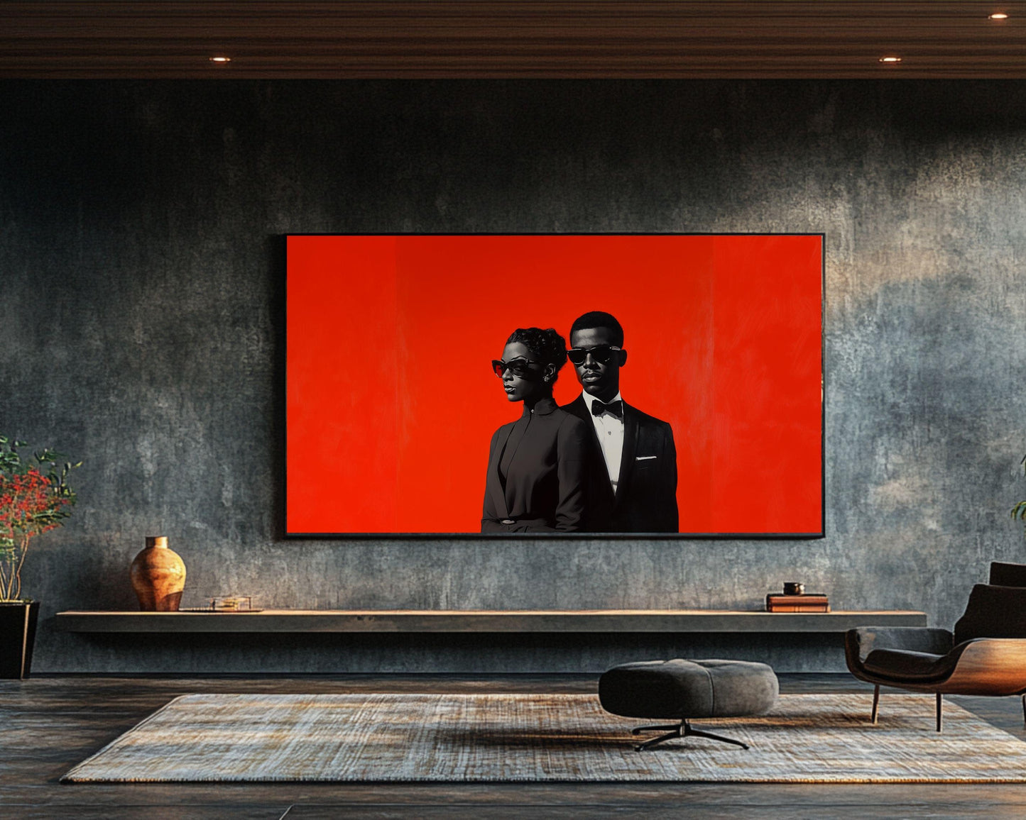 Black Couple in Formal Black Attire | Barkley L. Hendricks Inspired Red Backdrop Art | Modern Canvas Wall Decor | Black Love Art