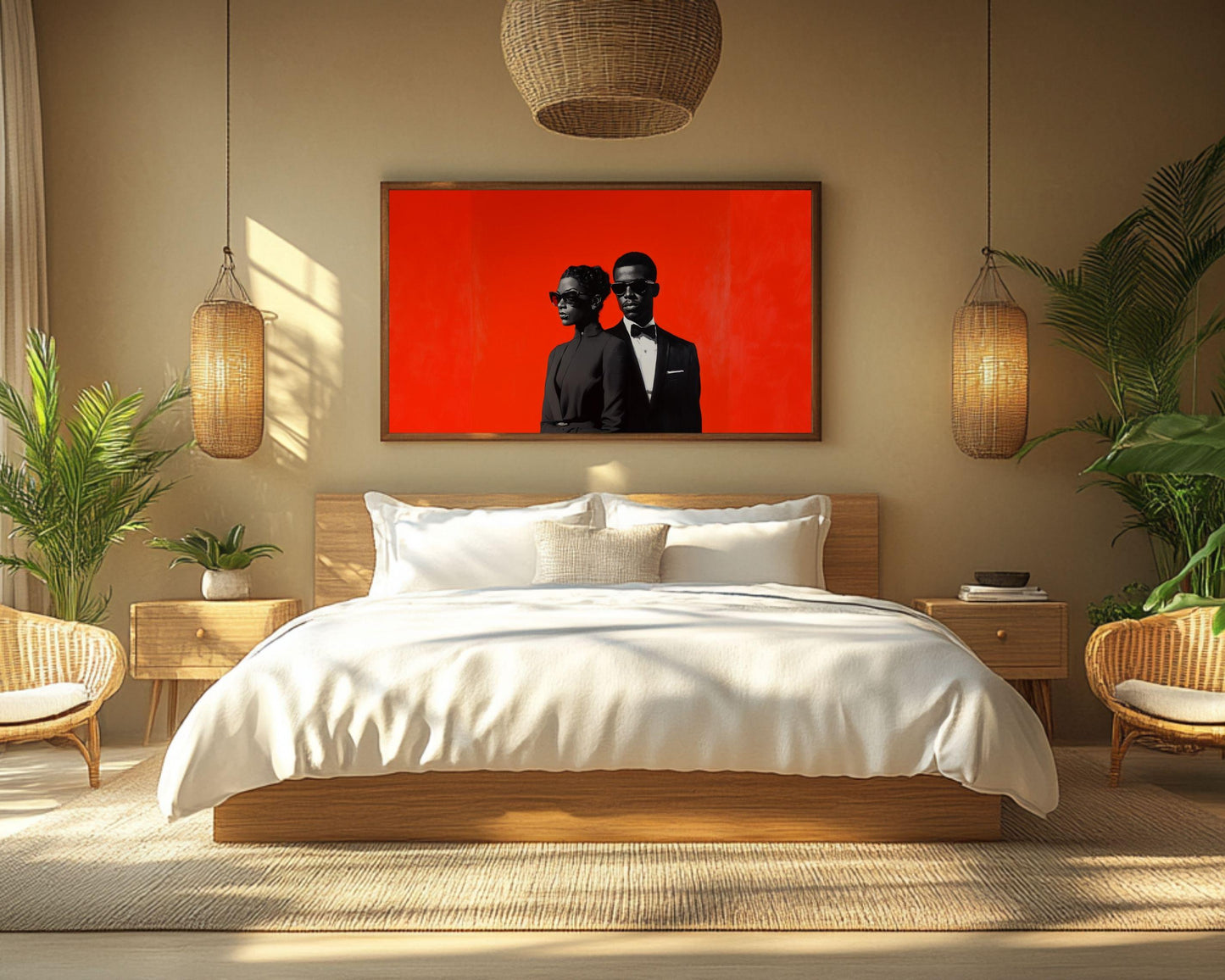 Black Couple in Formal Black Attire | Barkley L. Hendricks Inspired Red Backdrop Art | Modern Canvas Wall Decor | Black Love Art