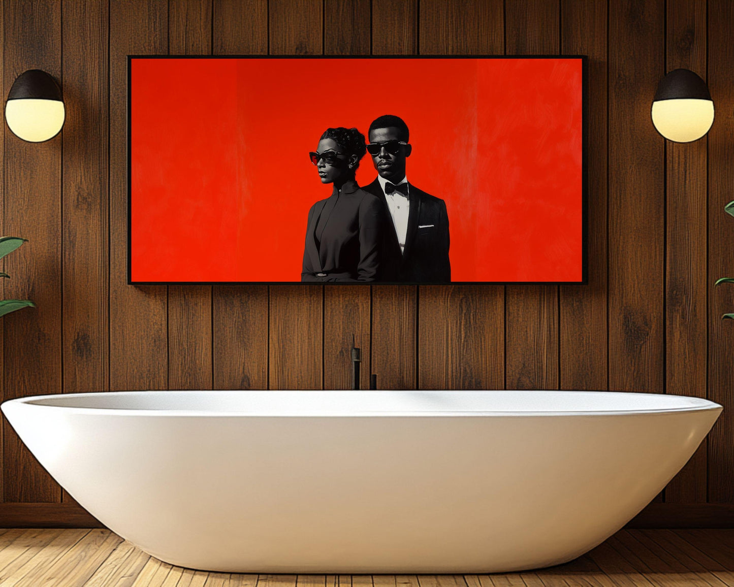 Black Couple in Formal Black Attire | Barkley L. Hendricks Inspired Red Backdrop Art | Modern Canvas Wall Decor | Black Love Art