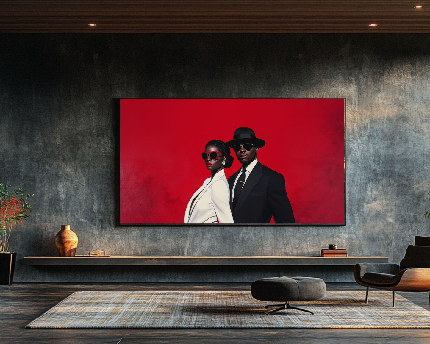 Elegant Couple Canvas Wall Art | Red and Black Statement Decor | Stylish Modern Portrait for Home or Office