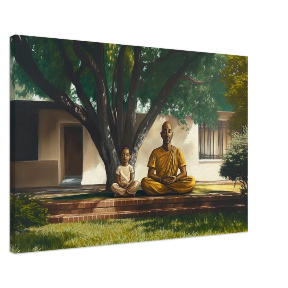 Father and child meditating together, vibrant African American wall art that brings peace and connection to any space.