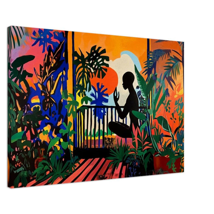 Black Meditation Tropical Scene canvas art featuring serene African American wall art with lush tropical elements.