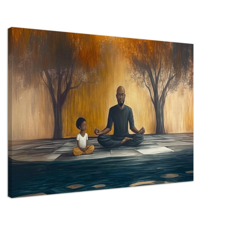 Black Father and Child Meditating Black family wall art canvas print by MoomZee Artwork