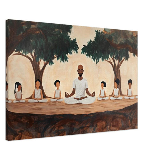 Black Father and Children Meditation Art - Canvas Print for Living Room or Yoga Space - Family Gift