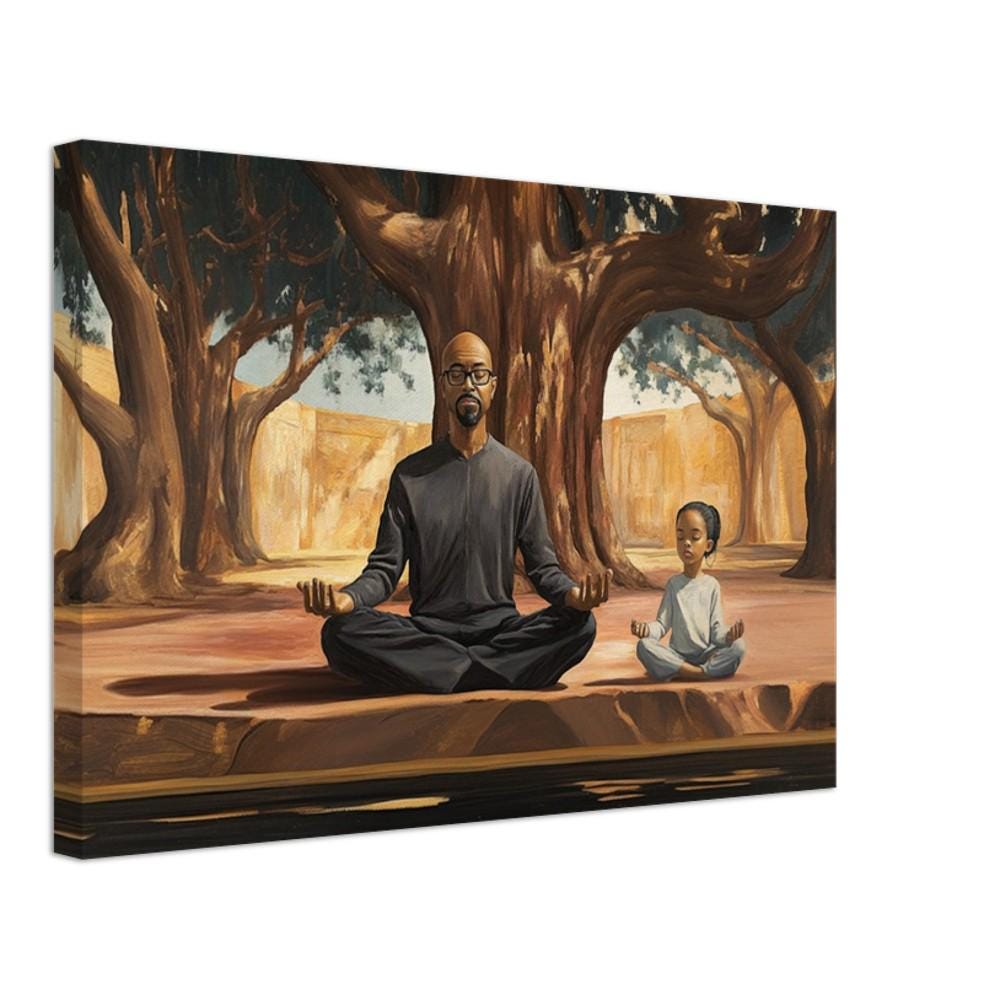 Black Father and Daughter Meditation Art - Inspirational Canvas Print for Living Room or Yoga Studio - Meaningful Gift