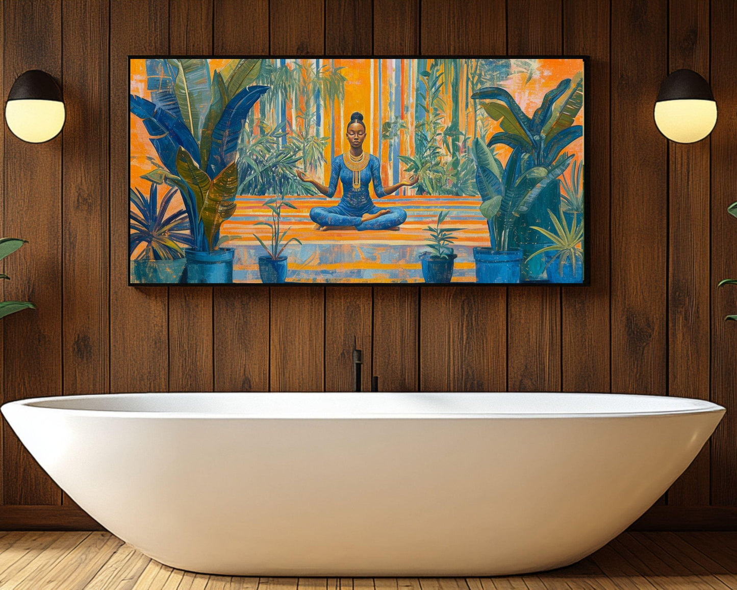 Black Woman Meditation Art - Tropical Canvas Print for Living Room or Yoga Studio - Gift for Her