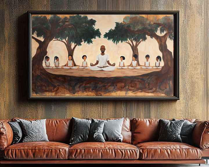 Black Father and Children Meditation Wall Art